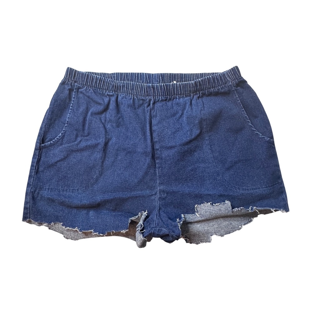 Denim & Co Shorts Womens PL Blue Denim A43881 Elastic Waist‎ Raw Hem Stretch